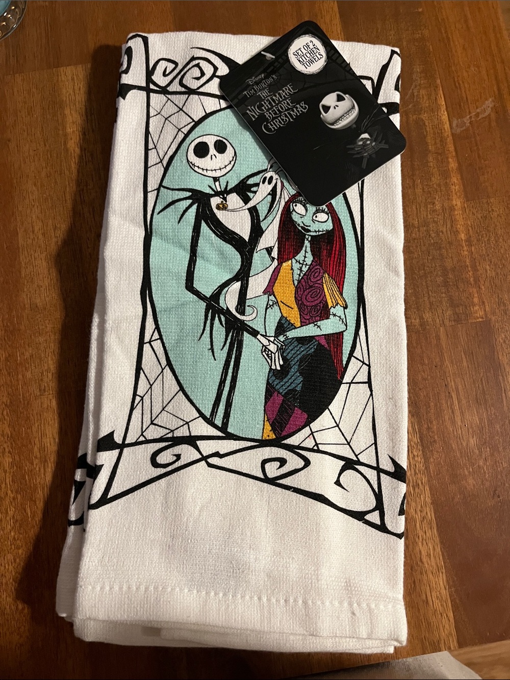 The Nightmare Before Christmas Jack & Sally Printed Kitchen Towel - White/Teal